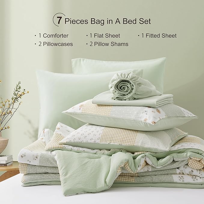 Oli Anderson Queen Comforter Set, 7 Pieces Light Green Floral Seersucker Bed Comforter, Patchwork Reversible Bed in a Bag with Comforter, Sheets, Pillowcases & Shams (Light Green, Queen)