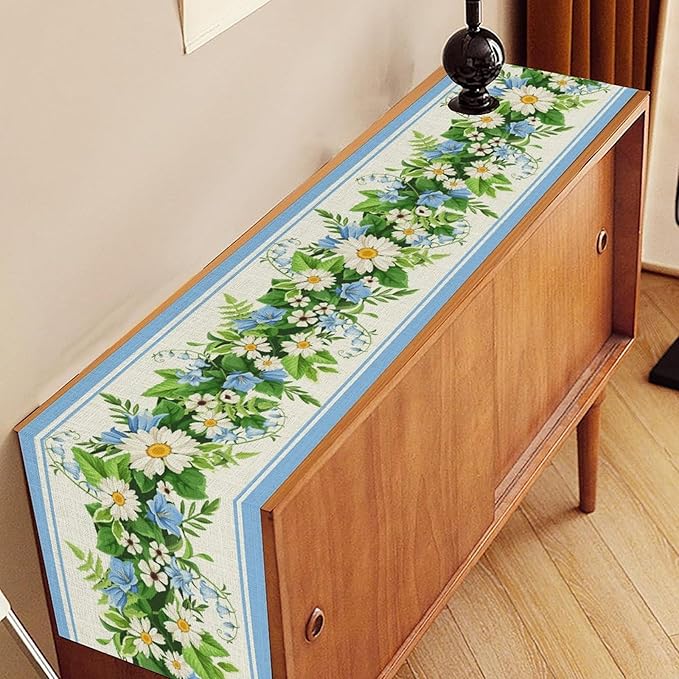 Wild Flower Table Runner, Vintage Seasonal Spring Daisy Flower Rustic Blue Farmhouse Table Center Decor for Family Kitchen Farmhouse Holiday Party Table Decorations Indoor Outdoor 13x36 inch