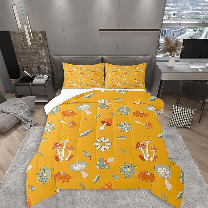 Castle Fairy Retro Hippie Mushroom Comforter Set Full Size,Groovy Flowers Floral Bedding Comforters for Girls Teens Gift,Yellow Boho Quilt Set with 2 Pillowcases,Chic