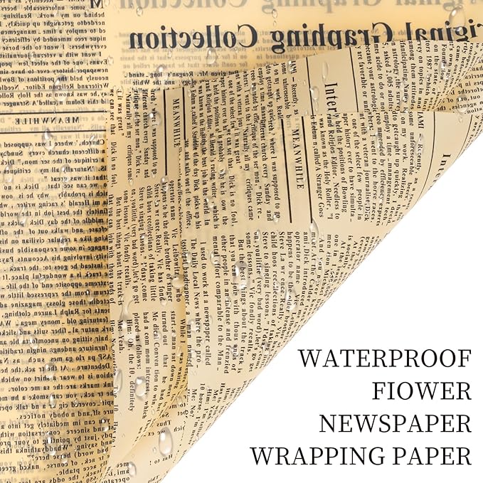 LeZakaa 20 Sheets Newsprint Flower Wrapping Paper, Waterproof Floral Bouquet Paper, Black Tan-colored Newsprint Design for Valentine's Day, Mother's Day, Birthday, Bridal Shower, Wedding, Baby Shower