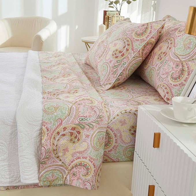 Brandream Bed Sheet King Size Boho Paisley Bedding Pink Watercolor Farmhouse Sheets Set Luxury Bedding Collections 800 Thread Count 100% Egyptian Cotton Deep Pocket, 4 Piece