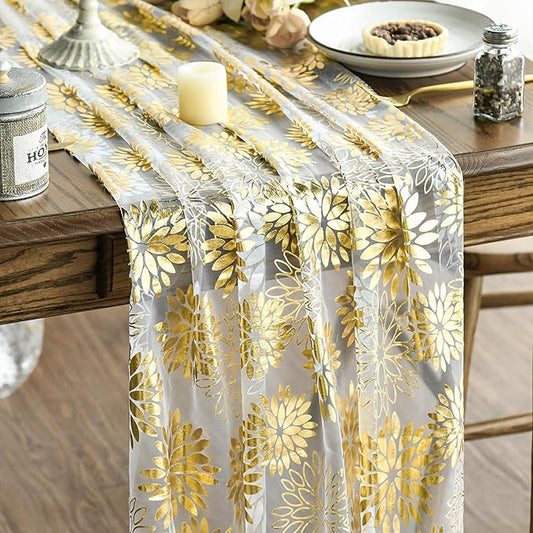 Artoid Mode Beige Gold Dahlia Flower Gauze Table Runner 120 Inch 10FT, Glitter Metallic Foil Seasonal Sheer Dining Holiday Table Decor for Home Party