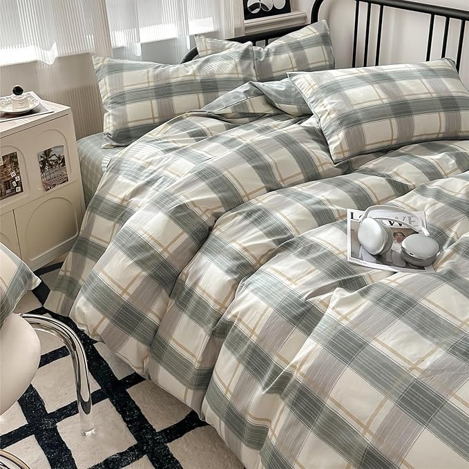 Plaid King Comforter Set Geometric Plaid Grid Comforter Set Fluffy Microfiber Bedding Comforter Farmhouse Checkered Comforter Set for All Season 3 Piece Plaid Bedding Comforter Set King Size Bed Set