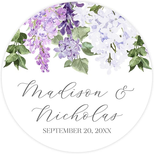 Personalized Floral Wedding Stickers with Your Choice of 30 Flower Styles - Choose Font and One of Five Pre-made Phrases or Add Custom Text (024 - Purple Lilac Flowers)
