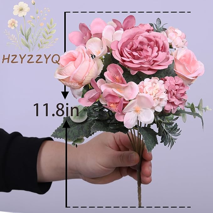 2 Pack Artificial Peony Flowers, Silk Peonies Flowers Fake Peonies Artificial Flowers Peonies Hydrangea Bouquet for Centerpiece Table Wedding Party Home Decor (2, Rose + Pink)