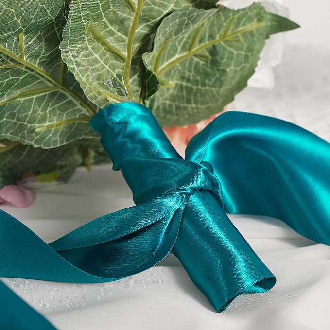 MEEDEE Peacock Satin Ribbon Lux Double Faced Satin Ribbon 3 Inch Peacock Ribbons by 10 Yards Turquoise Blue Ribbons for Christmas Tree Decoration, Weddings, Flower Bouquet, Bow Making