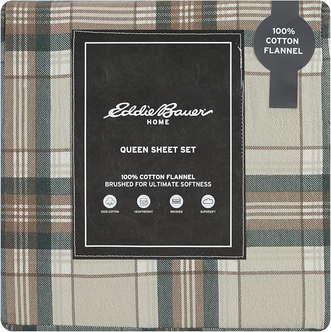 Eddie Bauer - Flannel Sheets Full Size, Anti-Pilling & Wrinkle Resistant Cotton, Touchably Soft for All-Season Comfort - Bed Sheets with Matching Pillowcases & Fitted Sheet (Edgewood Plaid Green)