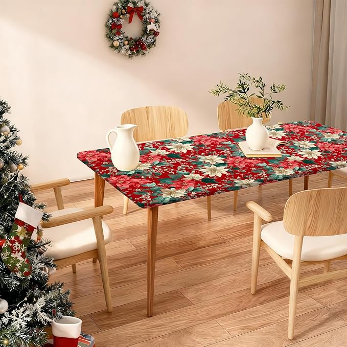 Rectangle Table Cloth Cover Waterproof Elastic Fitted Polyester Fitted Tablecloths for 6 Foot Tables for Indoor,Picnic, Camping, Outdoor （72" x 30"，Christmas Flowers）