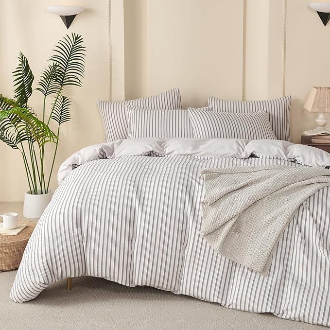Grey Duvet Cover Queen Size Striped Washed Microfiber Jacquard 3 Pieces Bedding Set, Grey White Vertical Ticking Stripes Pattern Comforter Cover with Zipper Closure Breathable Durable Soft Comfy
