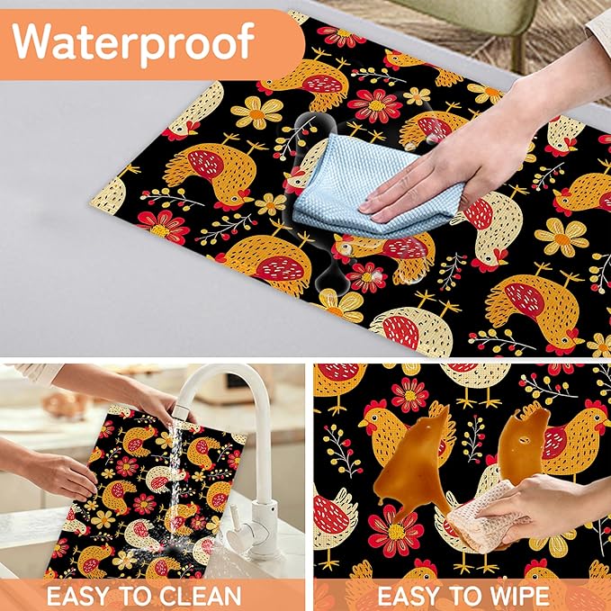 Cute Roosters Placemat Set of 6,Flower Heat Resistant Linen Table Mats for Indoor Outdoor Home Kitchen Dining Room Table 12x18Inch