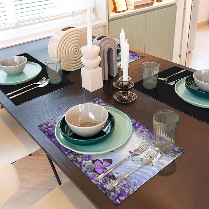 Purple Butterfly Flowers Placemats Set of 6,Spring Summer Flower Place Mats Washable for Kitchen Dining Table Heat Resistant Decorative Colth Table Mats 6 PCS, Style-1