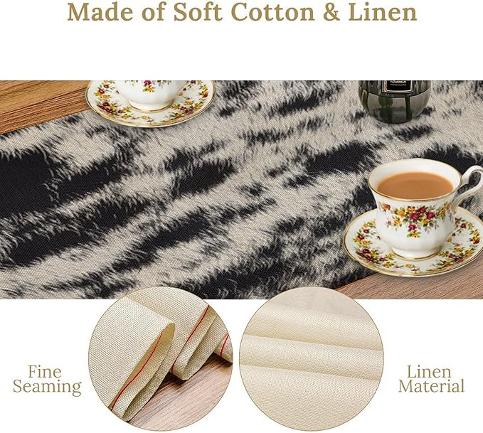 Cow Skin Print Table Runner, Rustic Country Farmhouse Animal Fur Skin Western Farm Black Cowhide Print Dinner Runner Table Decoration for Home Kitchen Dining 13x60in
