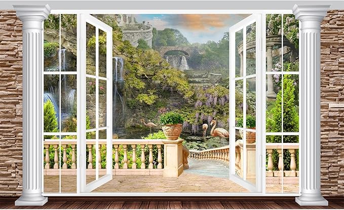 Window Scenery Backdrop White Windowsill Floral Garden Green Forest Natural Rock Stone Photography Background Garden Style Family Union Party Banner Wall Decor Photo Shoot Booth Props 12x8ft