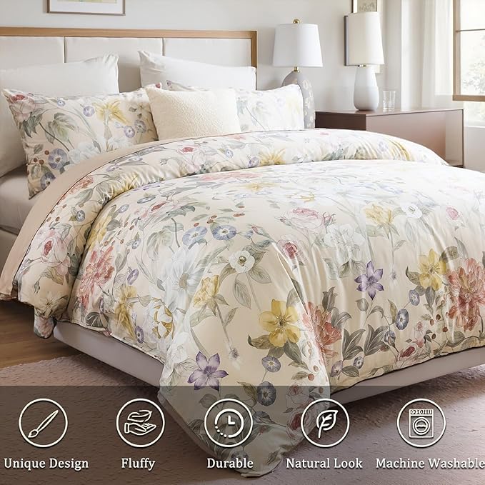 100% Cotton Duvet Cover Queen Size – Blooming Garden Duvet Cover Set with Zipper Closure & Corner Ties, 3-Piece Silky Soft & Breathable Pastel Floral Bedding Set for All Seasons