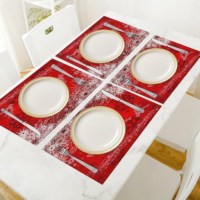 Christmas Elk Placemats Cartoon Red Festive Christmas Snowflake Gift Bell Beautiful Deer Placemats Table Kitchen Dining Party 12x18 Inch Set of 6
