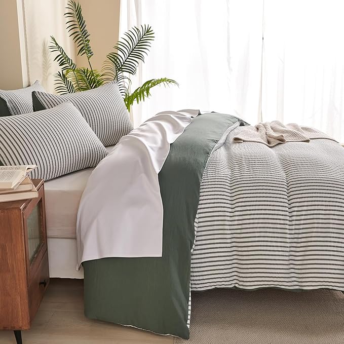 King Duvet Cover Set Striped Washed Microfiber Jacquard 3 Pieces Bedding Set, Green White Vertical Ticking Stripes Pattern Comforter Cover with Zipper Closure Breathable Durable Soft Comfy