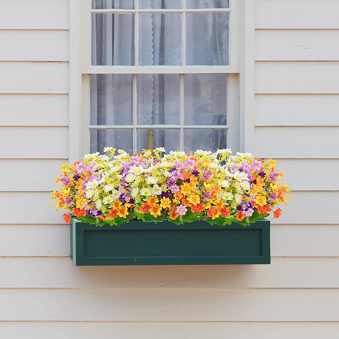 Uieke 6PCS Artificial Daisy Mums Flowers Outdoor UV Resistant Fake Silk Flowers No Fade for Outside Home DIY Garden Porch Window Box Décor (Orange Yellow. White, Purple)
