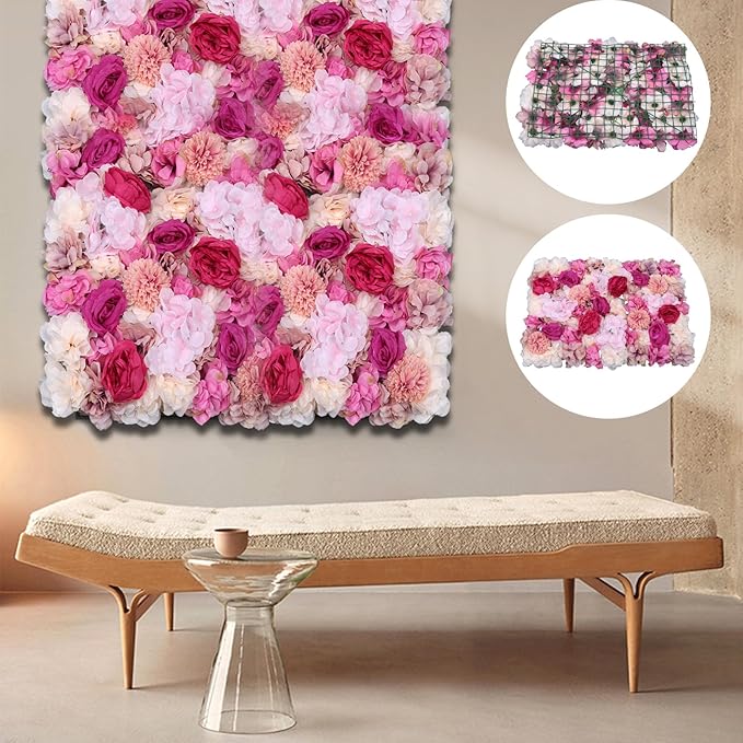 6PCs Floral Backdrop, Realistic Silk Rose Wall, 23.6 * 15.7 in Artificial Flower Wall Decor for Wedding, Home Decor (Fuchsia)