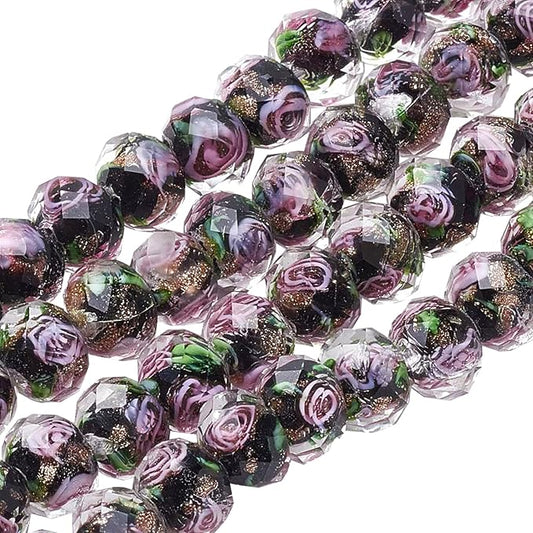 PH PandaHall 60pcs 8~10mm Gold Sand Lampwork Beads Glass Handmade Round Loose Beads for Rosary Making Jewelry Craft Making with 2mm Hole - Black