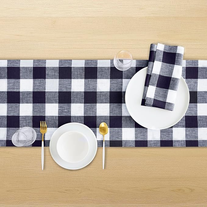 Solino Home Linen Checkered Table Runner 120 Inches Long - 100% Pure Linen Buffalo Check Navy and White Table Runner 14 x 120 Inch Ideal for Dining, Winter