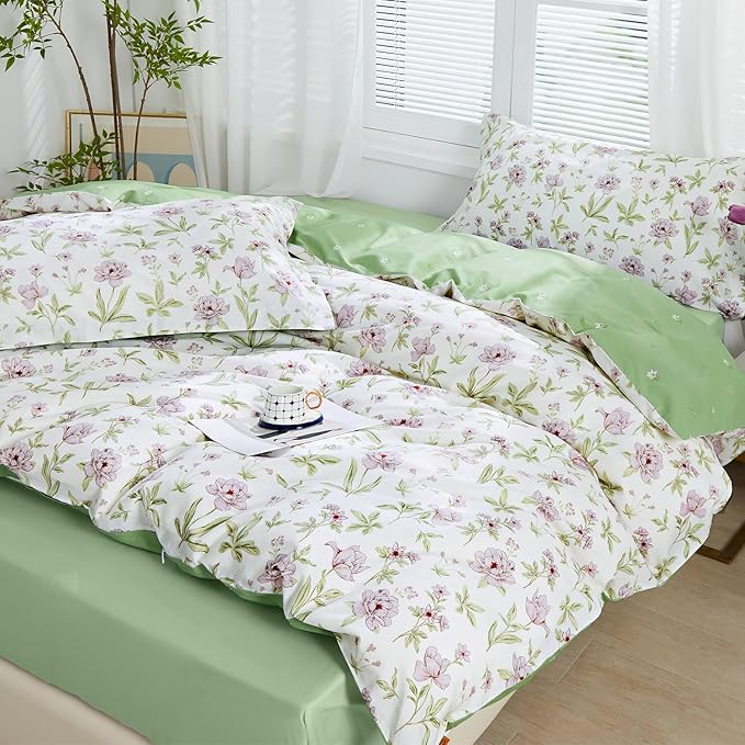 SAPHREAS Pink Lavender Floral Duvet Cover Set Queen Size 3pcs Garden Style Botanical Blossom Bedding Comforter Cover Set 100% Cotton 1 Duvet Cover 90"x90" 2 Pillow Shams, Comforter Not Included