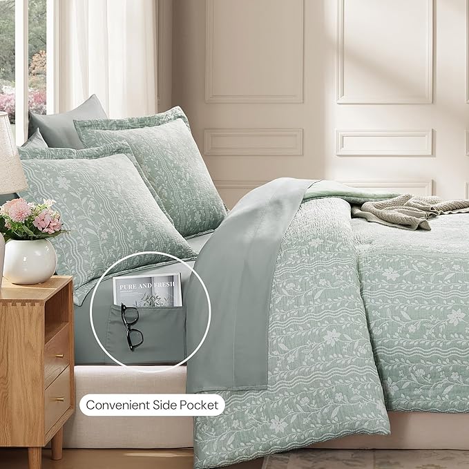 Full Comforter Set -7 Pieces Green Floral Comforter Set for All Seasons, Bed in a Bag Full with Botanical Flowers Comforter, Sheets, Pillowcases & Shams