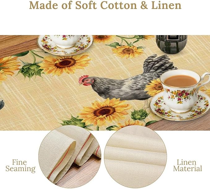 Rooster Sunflower Table Runner Vintage Farm Chicken Flower Dinner Runner for Country Farmhouse Home Kitchen Dinner Table Party Decoration 13x60in