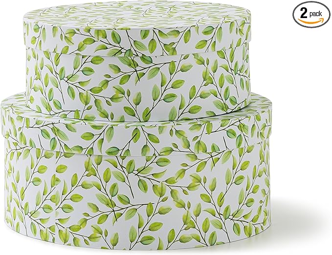 Soul & Lane Oblong Decorative Cardboard Storage Boxes with Lids, Set of 2 Botanical Green and White Keepsake Memory Boxes, Oval Nesting Paperboard Storage for Gifts, Lovely Leaves