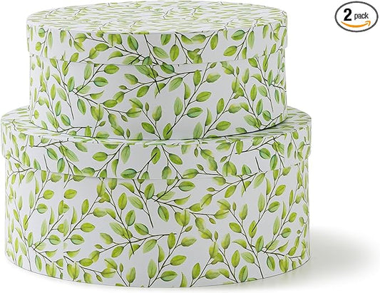 Soul & Lane Oblong Decorative Cardboard Storage Boxes with Lids, Set of 2 Botanical Green and White Keepsake Memory Boxes, Oval Nesting Paperboard Storage for Gifts, Lovely Leaves