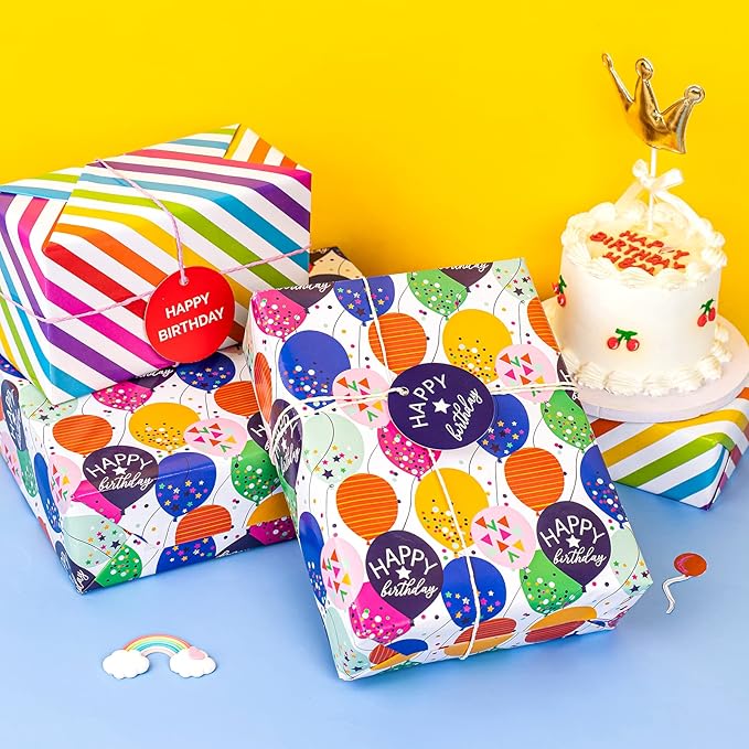 WRAPAHOLIC Birthday Wrapping Paper Sheet - 12 Sheets Folded Flat with 12 Gift Tags for Party, Baby Shower - 19.7 Inch X 27.5 Inch Per Sheet
