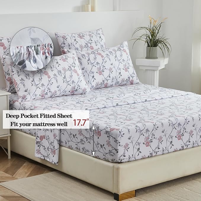 FADFAY Sheets Set Queen Rustic Bird Floral Bed Sheets Set Vintage Botanical Bedding Shabby Branches Leaves Bedding Collections 100% Egyptian Cotton Breathable Soft 17.7" Deep Pocket 4Pcs, Queen Size