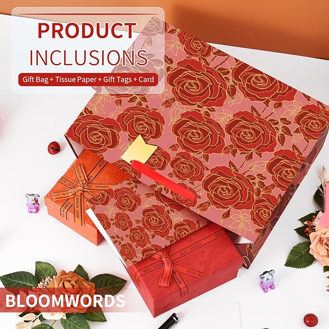 Bloomwords 13" Mother’s Day Gift Bags with Card Tissue(Rose Flower) - Birthdays, Valentine’s, Weddings, Anniversaries, etc. Kit includes Card and Tissue Paper (Red, 2 Piece)