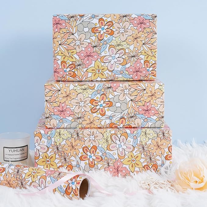 RayofSun Floral Wrapping Paper Roll 17 inch x 16.5 ft Mini Roll Boho Vintage Flower Gift Wrap All Occasion Wedding Birthday Bridal Shower Party Baby Shower Christmas