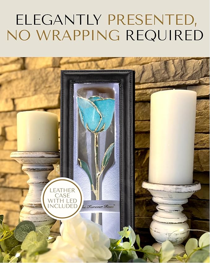 Forever Rose Hand-Dipped in 24K Gold, Aquamarine-Inspired March Birthstone with Sparkles, Real Rose in Leather Case with LED Light – Gift for Birthday or Any Occasion