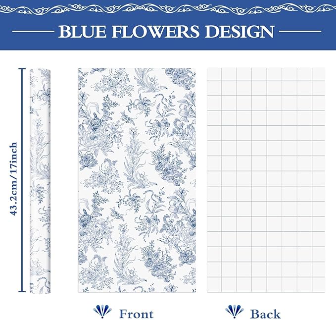 WERNNSAI Flower Gift Wrapping Paper Roll - 1 Roll 17”x 33 ft Bouquet Wrapping Paper Blue Floral Wrapping Paper for Girls Birthday Party Women Wedding Gift Wrap Supply