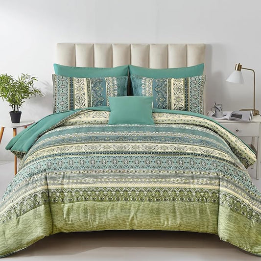Cottolester Boho King Comforter Set 8 Pieces,Green Bohemian Comforter Paisley Striped Bed in A Bag,Soft Microfiber Bedding Set for All Season
