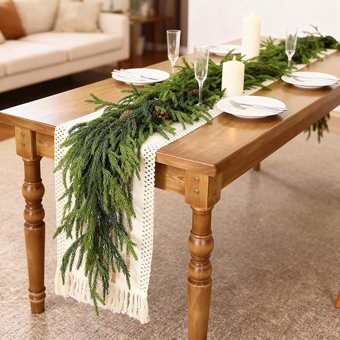 9FT Real Touch Norfolk Pine Garland - Artificial Christmas Garland Fake Green Faux Pine Needles Garland for Table Fireplace Mantle Holiday Home Indoor Outdoor Decor (2PCS)