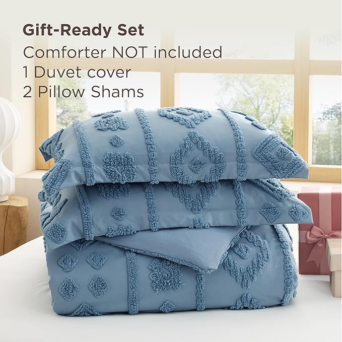 Bedsure Boho Duvet Cover Queen Size - Dusty Blue Tufted Boho Bedding, Farmhouse Shabby Chic Embroidery Bedding for All Seasons, 3 Pieces, 1 Soft Jacquard Queen Comforter Cover and 2 Pillow Shams