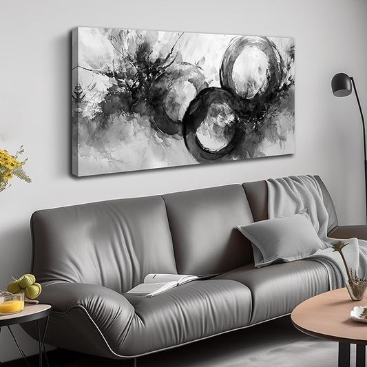 JuhaiArt Black Wall Art Large Abstract Picture Wall Decor White Canvas Art Circle Modern Artwork for Living Room Office 24"x 48"