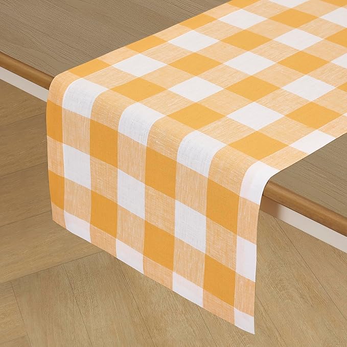 Solino Home Linen Checkered Table Runner 156 Inches Long - 100% Pure Linen Mustard and White Buffalo Check Extra Long Table Runner 14 x 156 Inch Ideal for Dining, Spring, Easter