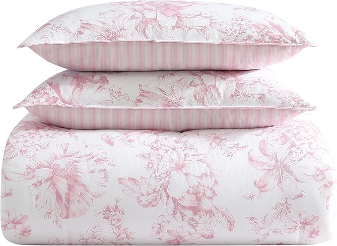 Laura Ashley - Twin XL Comforter Set, Reversible Cotton Bedding with Matching Sham, Medium Weight for Year Round Use, Oeko-Tex Certified, Dorm Essentials, Coquette Room Decor (Delphine Mauve Pink)