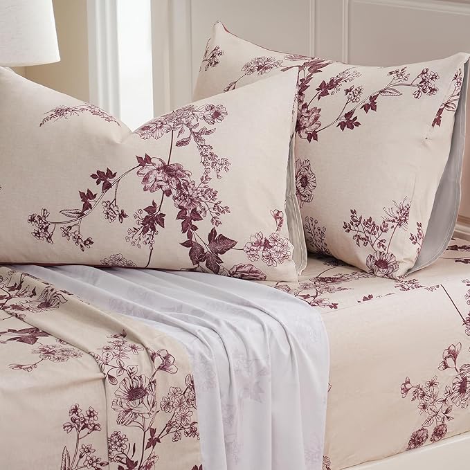Zusbest Queen Sheet Set 100% Percale Cotton Red Floral Bed Sheet Set, Brushed for Extra Softness, Luxury Toile Flannel Like Sheets Shabby Vintage Flower Print Deep Pocket Sheets 17.5'' 4 Pcs