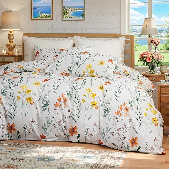 Floral Duvet Cover King Size, 100% Nature Cotton 3 Pcs Garden Floral Aesthetic Bedding Set with Zipper Closure Ultra Soft&Breathable Cottagecore Botanical Duvet Cover Set