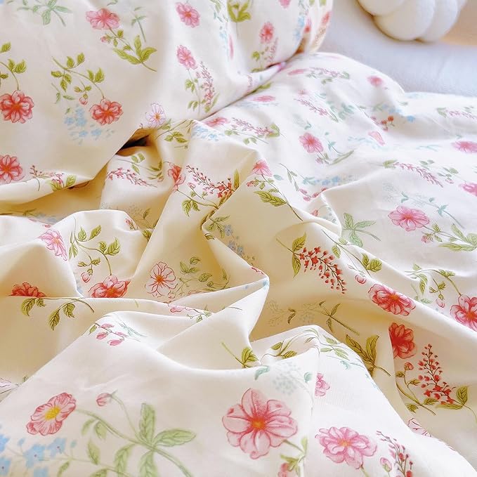 EAVD French Garden Style Ruffle Pink Flower Duvet Cover King Soft Cotton Shabby Chic Pink Flower Bedding Set with 2 Pillowcases Romantic Botanical Print Duvet Cover with Zipper Closure
