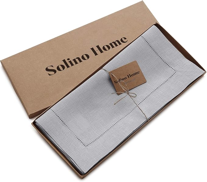 Solino Home Linen Soft Grey Table Runner 108 Inches Long - 100% Pure Linen 14 x 108 Inch Table Runner for Spring, Easter - Classic Hemstitch