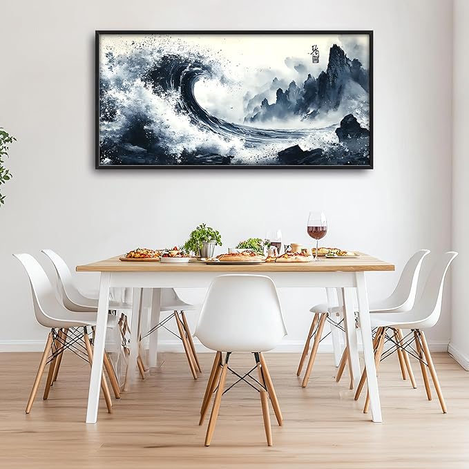 Mountain Wave Large Wall Art Framed Chinese Wall Decor for Living Room Waves Pictures Oversized Canvas Print Painting Modern Extra Large Framed Artwork for Bedroom Office Home Decor 60"x30"