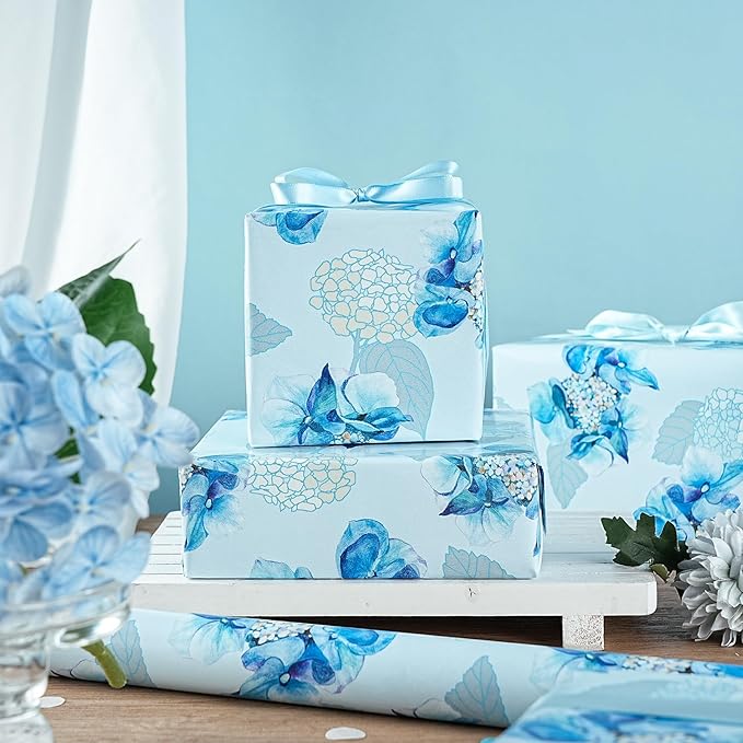 LeZakaa Blue Hydrangea Wrapping Paper Roll, Watercolor Hydrangea Flowers Party Gift Wrap for Wedding, Bridal Shower, Baby Shower, Anniversary, Mother's Day, DIY Bouquet, Mini Roll, 17inches x 16.4Feet