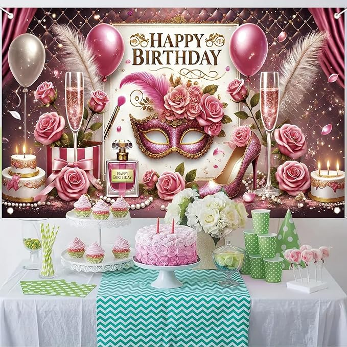 High Heel Birthday Party Backdrop, Glamorous Pink Gold High Heel Shoe Glitters, Polyester Fabric, Ideal for Women's Birthday Parties