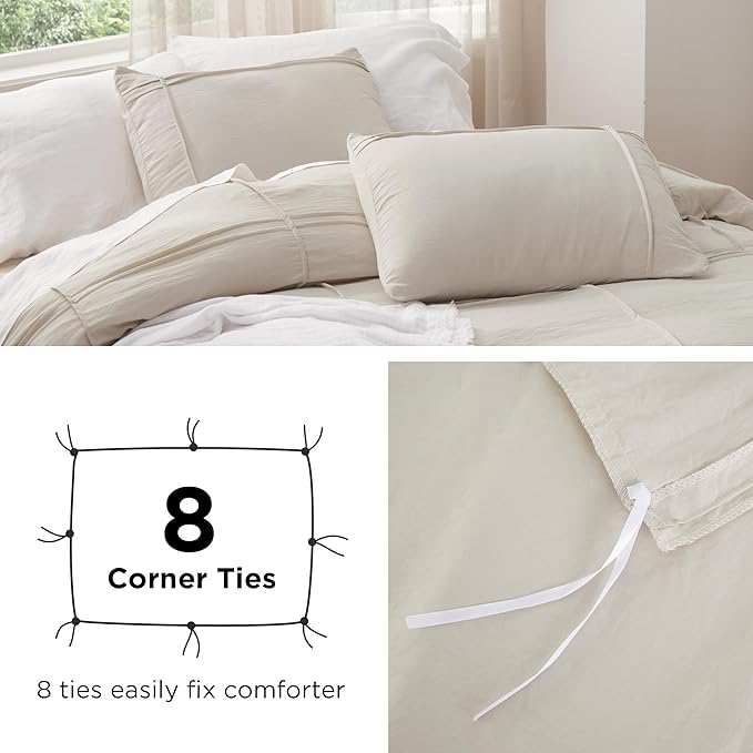 Bedsure Grid Boho Duvet Cover Queen Size - Shabby Chic Tufted Boho Bedding Set, 3 Pieces Shabby Chic Home Bedding for All Seasons, Includes 1 Queen Duvet Cover & 2 Pillowcases (Light Beige, 90" x 90")