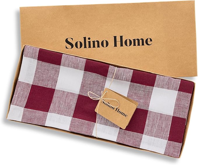 Solino Home Checkered Table Runner 60 Inches - 100% Pure Linen Burgundy and White Buffalo Check Table Runner 14 x 60 Inch Ideal for Dresser and Coffee Tables - Valentines
